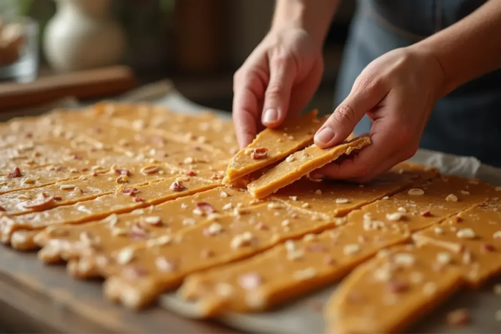 Hands breaking a sheet of homemade peanut brittle into pieces on a baking sheet.