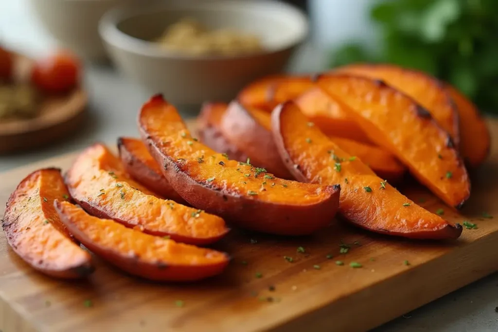 Roasted sweet potato wedges with skin, seasoned with herbs, displayed on a wooden cutting board. Showing a delicious way to prepare sweet potatoes with their skin.