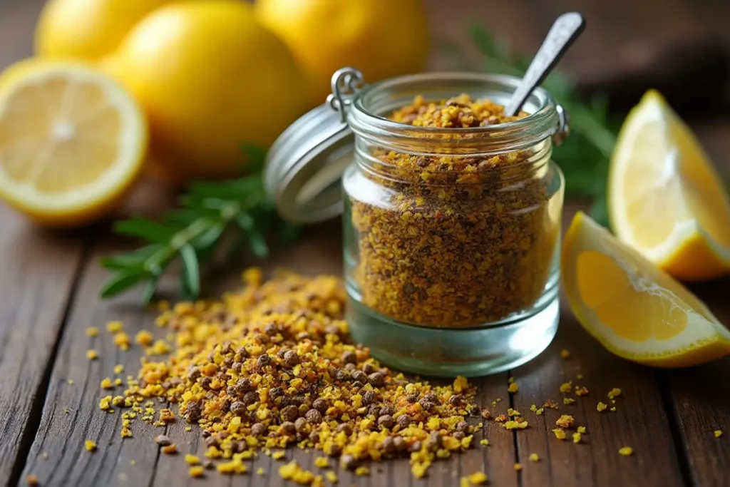 Close-up of lemon pepper seasoning in a jar with spilled spices, surrounded by lemons on a wooden surface.