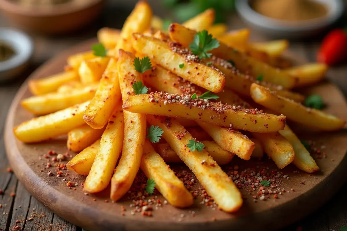 Golden french fries sprinkled with homemade seasoning on a wooden board.