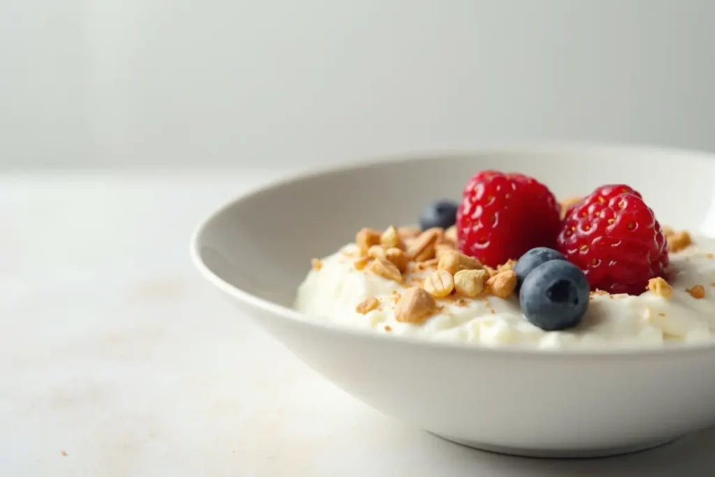 A bowl of cottage cheese with fresh raspberries and blueberries, a great example of a simple high protein breakfast option.