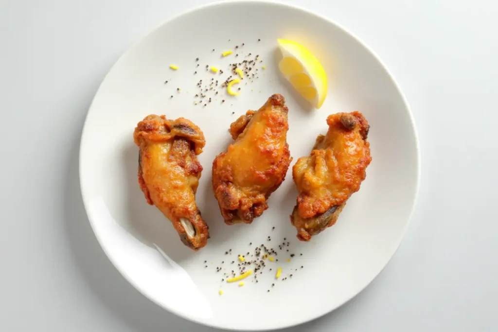  Minimalist top-down view of three golden-brown lemon pepper wings arranged on a white plate, with a lemon wedge and a sprinkle of lemon zest and black pepper.