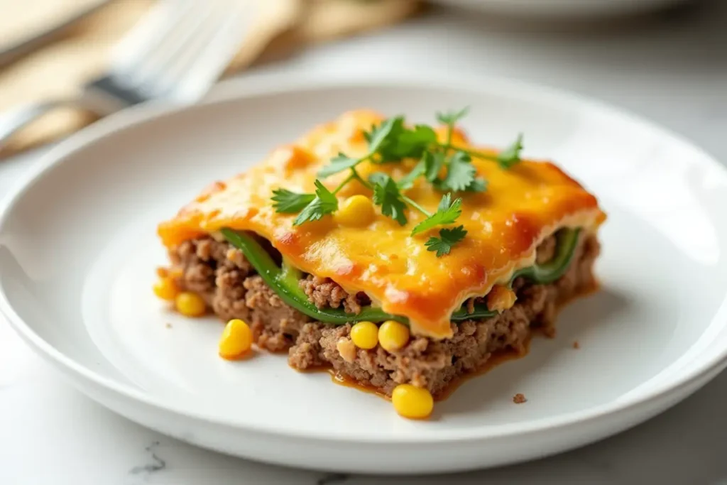 A single serving of cowboy casserole with visible layers and a garnish of parsley on a white plate.