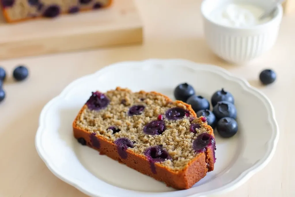  Single slice of blueberry lentil bread on a white plate with fresh blueberries and yogurt.