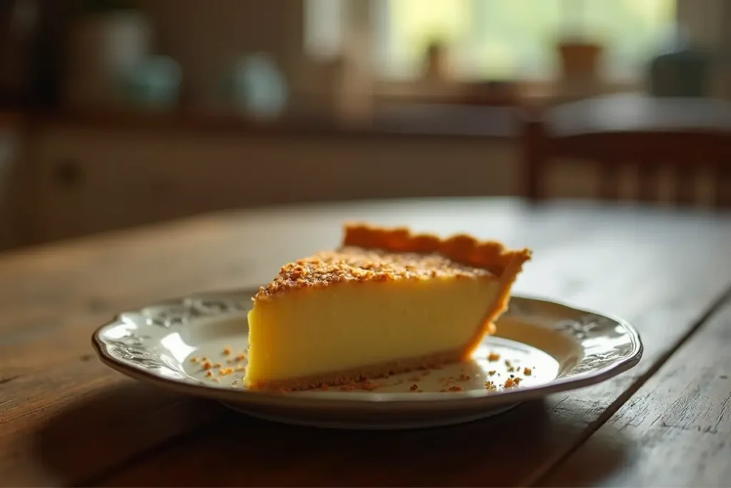 A slice of Impossible Coconut Custard Pie on a vintage plate, with a blurred kitchen background.