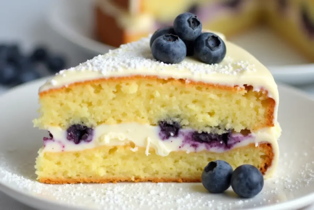 Slice of lemon blueberry mascarpone cake with powdered sugar, showing the cake's layers and fresh blueberries as garnish.