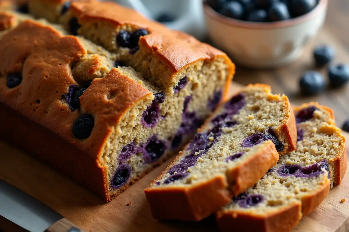 Sliced blueberry lentil bread loaf on a wooden cutting board with fresh blueberries.