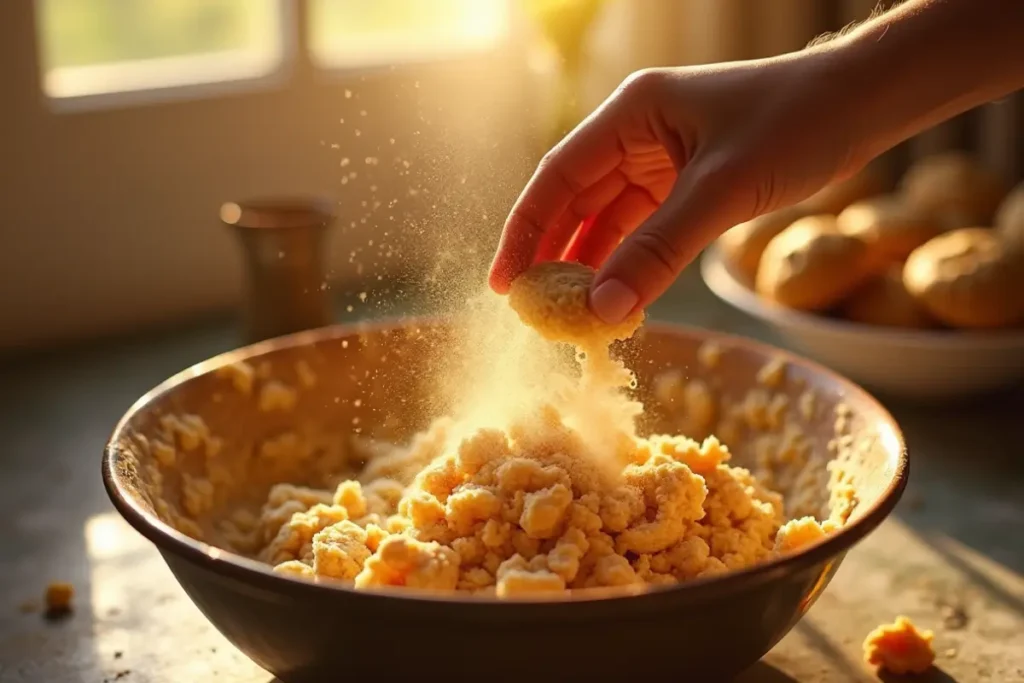 Image of a hand sprinkling cornstarch into cookie dough, illustrating the baking process and the ingredient being used in cookies.