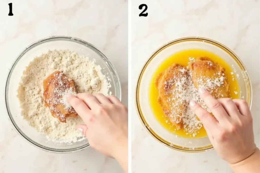 Two-panel image showing the steps of preparing fried chicken: first, coating chicken in flour, and then dipping it into egg wash.