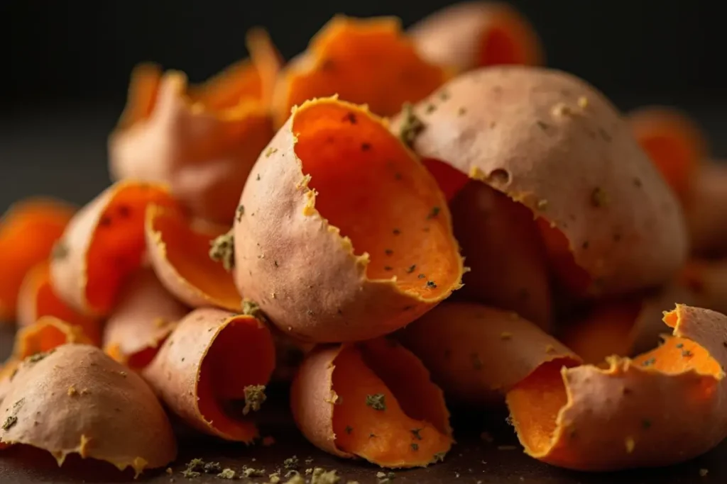 Close-up of a pile of sweet potato peels, showing the textures and colors of the often-discarded skin. Emphasizing the potential of eating the skin of sweet potatoes.