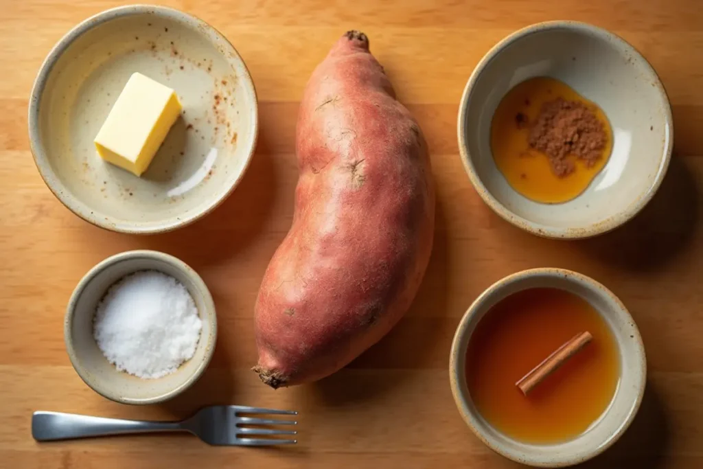 Raw sweet potato surrounded by bowls of toppings, top view