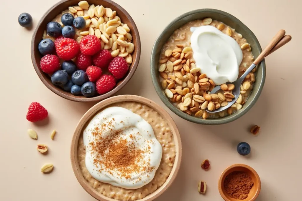 Overhead view of three bowls of oatmeal with varying toppings: berries, yogurt, and cinnamon.