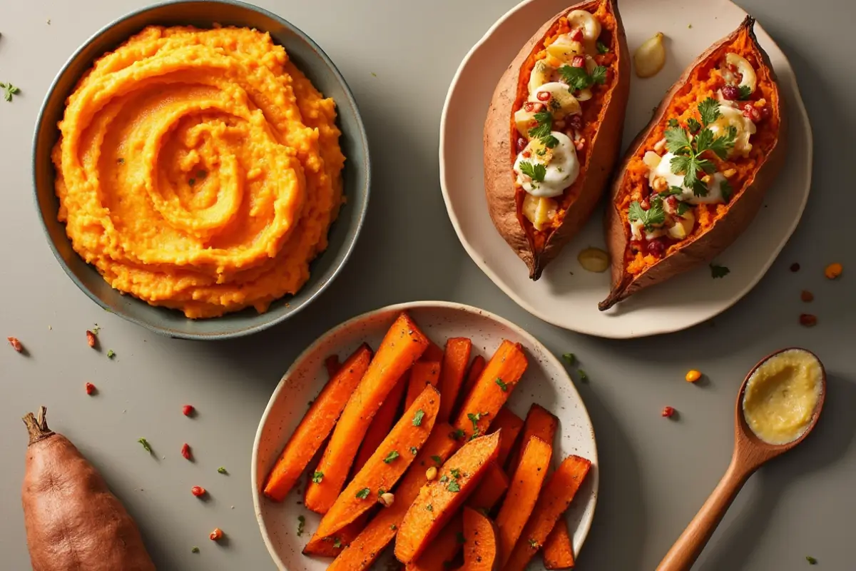 Assortment of sweet potato dishes including mashed sweet potatoes, stuffed baked sweet potatoes, and sweet potato fries on a light gray surface.