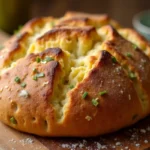 Vegan jalapeño cheddar artisan bread topped with chives on a wooden board.