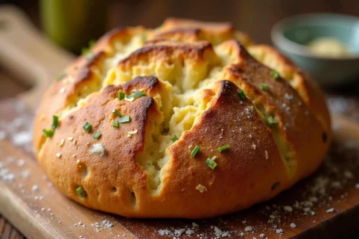 Vegan jalapeño cheddar artisan bread topped with chives on a wooden board.