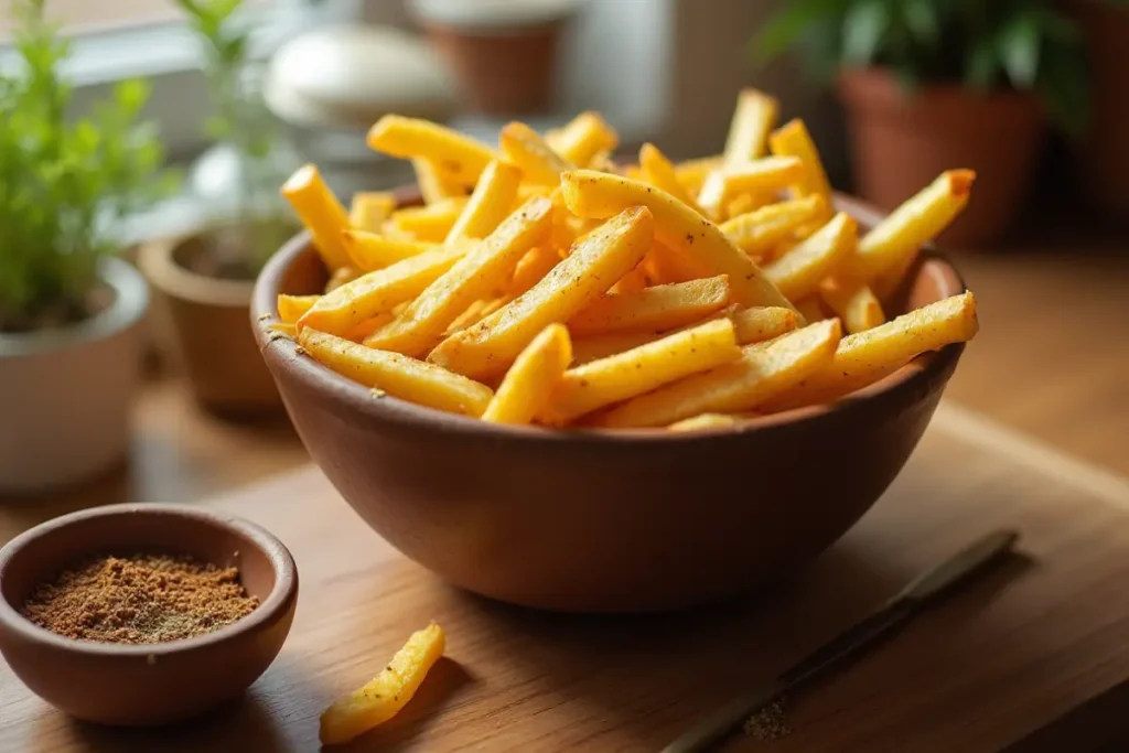 Bowl of golden french fries with a small bowl of seasoning near a window.