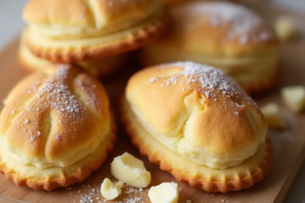 Close-up of freshly baked madeleine cookies dusted with powdered sugar, with pieces of crumbled cream cake nearby.