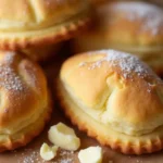 Close-up of freshly baked madeleine cookies dusted with powdered sugar, with pieces of crumbled cream cake nearby.