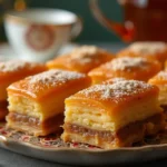 Delicious Arabic Baklava on a Plate with Tea in the Background