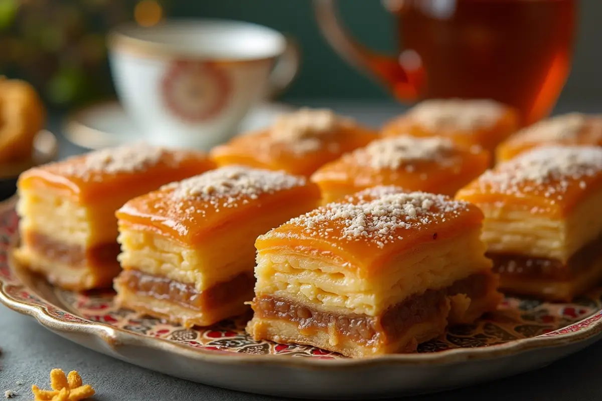 Delicious Arabic Baklava on a Plate with Tea in the Background