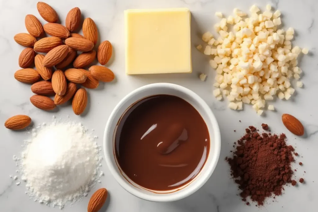 Ingredients for making chocolate covered almonds: almonds, chocolate, sugar, etc.