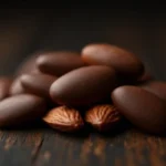 Pile of delicious dark chocolate covered almonds on a dark wood surface.