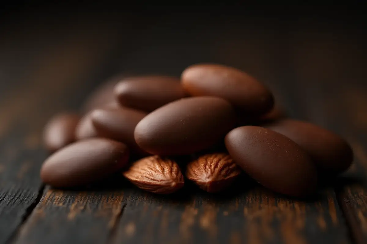 Pile of delicious dark chocolate covered almonds on a dark wood surface.