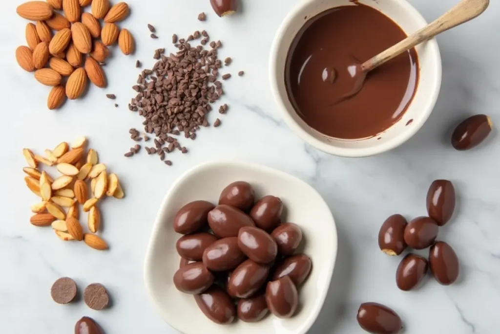  Step-by-step image of making chocolate covered almonds with ingredients.