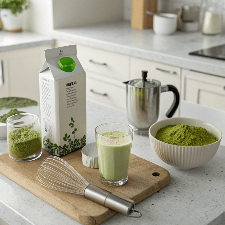Ingredients to make matcha latte tea on a modern American kitchen counter