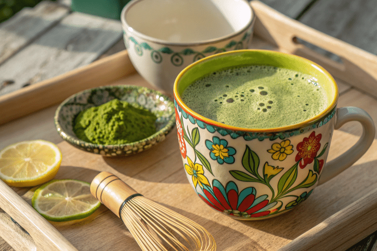 matcha green tea powder drink in a Japanese cup