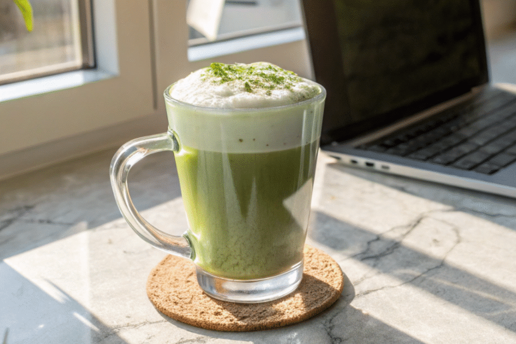 Matcha latte tea in a clear glass mug on a marble kitchen counter