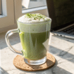 Matcha latte tea in a clear glass mug on a marble kitchen counter