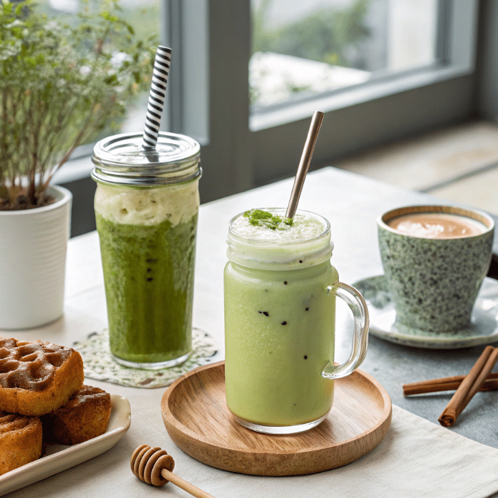 Hot and iced matcha latte tea variations with American-style brunch setup
