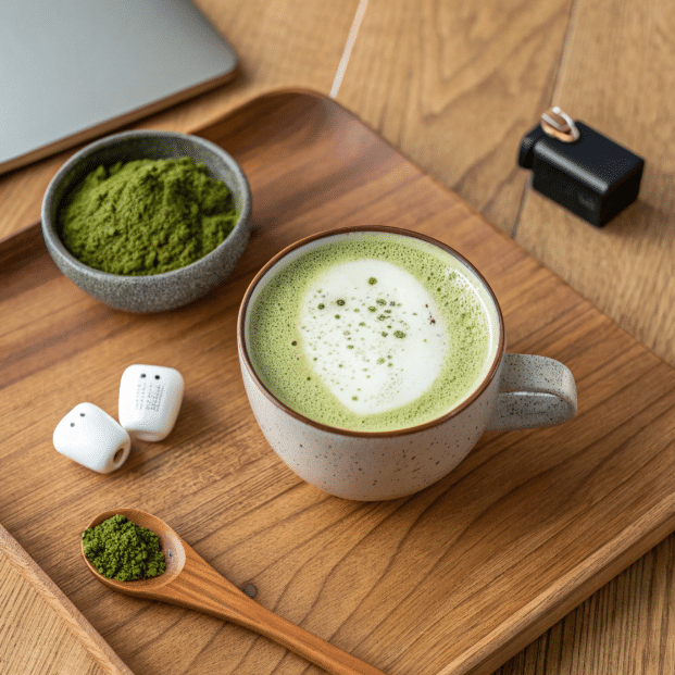 Matcha latte tea with wellness setup on a wooden table