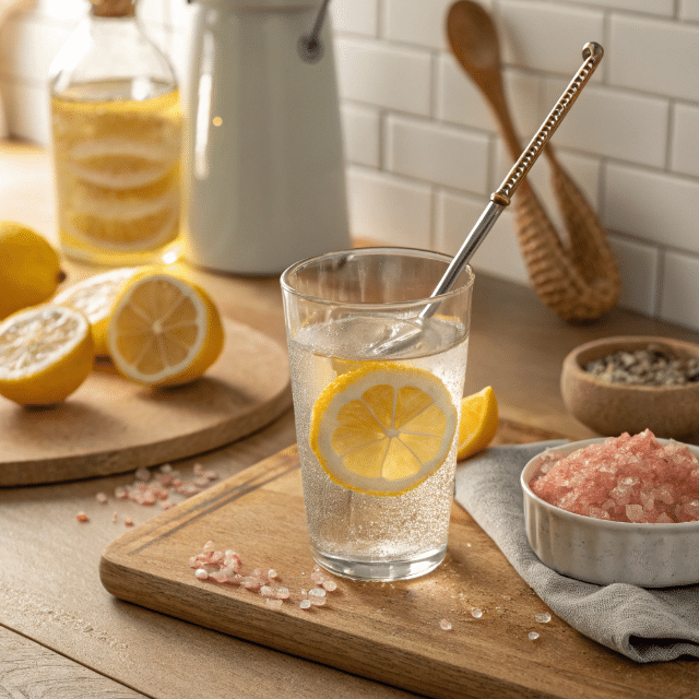 Preparing the pink salt trick drink with warm lemon water