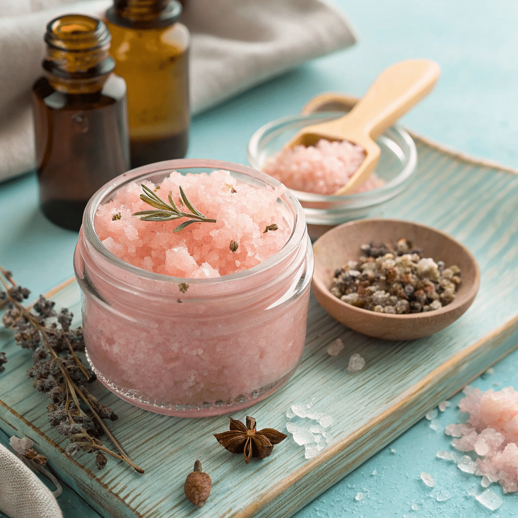 Pink salt body scrub with essential oils in a glass jar
