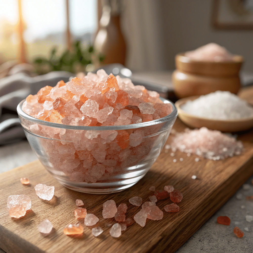 Coarse pink salt in a glass bowl on kitchen counter