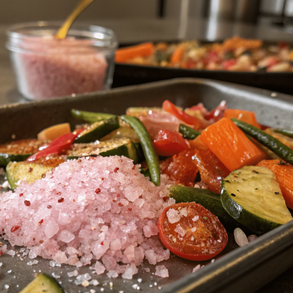 Pink salt sprinkled over cooked vegetables