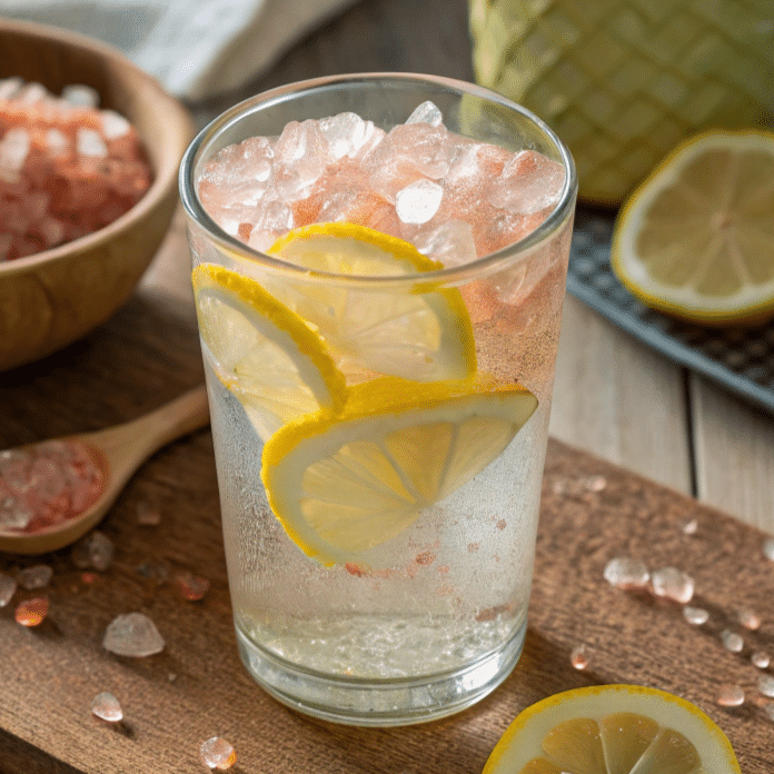 Pink salt trick drink with lemon and water