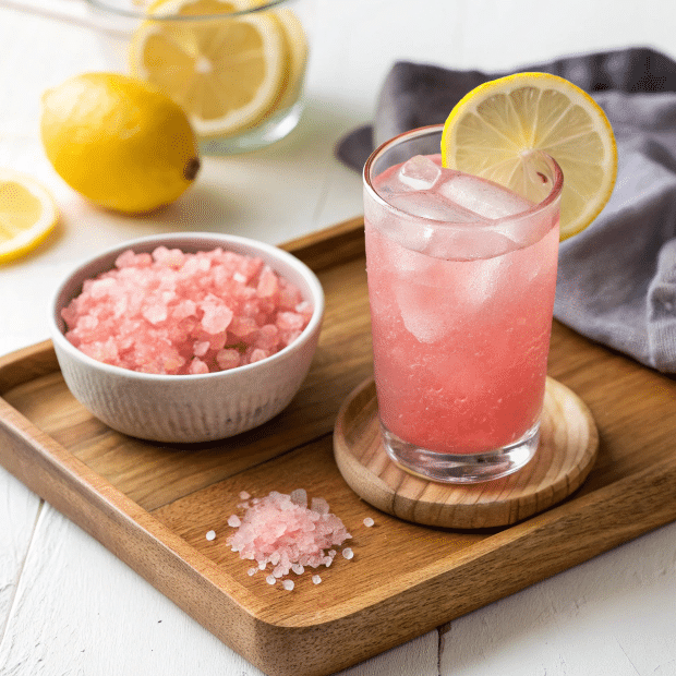 Pink salt detox drink with lemon and salt crystals