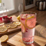 Pink salt weight loss recipe detox drink in glass with lemon