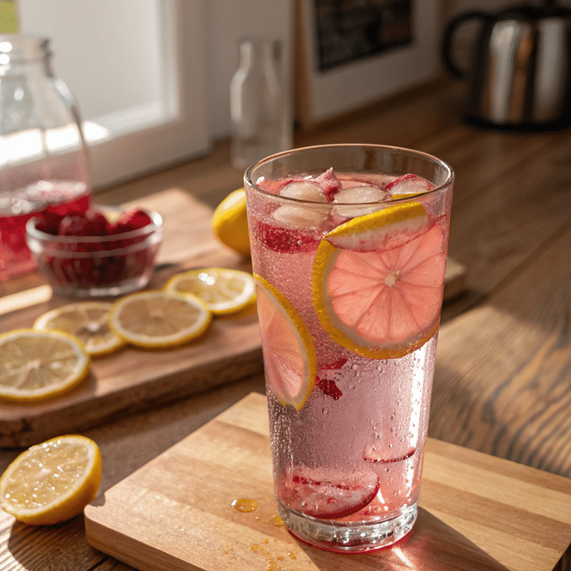Pink salt weight loss recipe detox drink in glass with lemon
